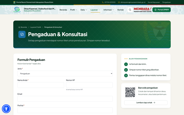 Formulir pengaduan Portal DKUKM dengan alur penanganan bertiket dan barcode pengaduan.