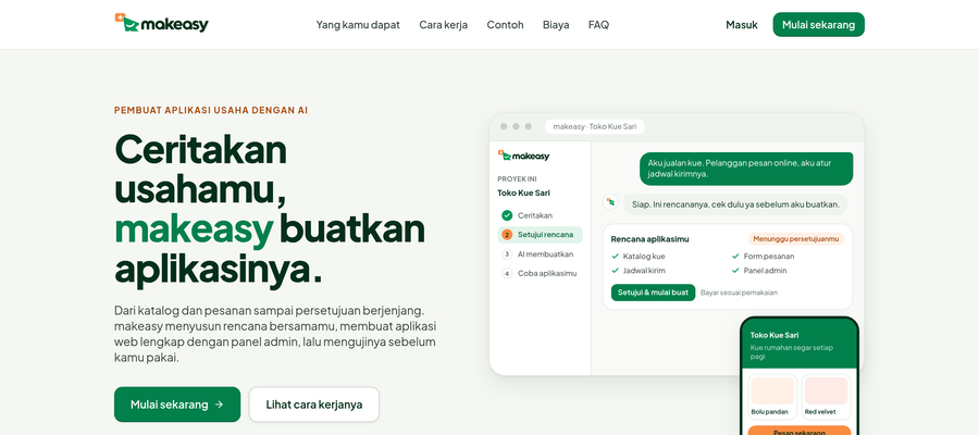 Halaman utama makeasy dengan contoh proyek Toko Kue Sari dan rencana aplikasi yang menunggu persetujuan.
