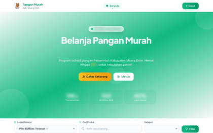 Halaman depan Sembara dengan pilihan lokasi belanja BUMDes, pencarian produk, dan kategori.